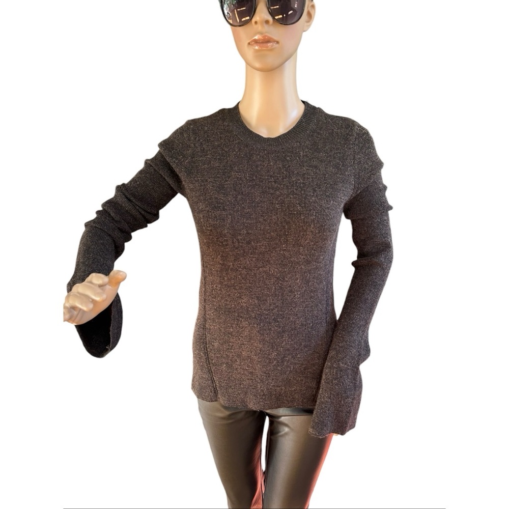 Zara Slate Brown Italian Yarn Crewneck Sweater With Bell Sleeves, S